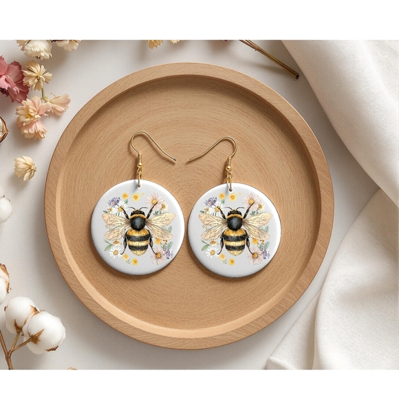 Bee Design Gold Hook Earrings - Picture 1 of 2